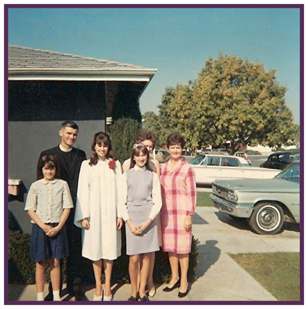 The goody-two-shoes preacher's daughter Kathy (in confirmation white)