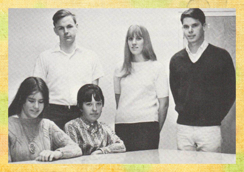 Two of three female students in photo above (Literary Magazine) are named Cathy/Kathy. Cathy Hoover and Kathy Knutsen. Also pictured, Tal Pomeroy, Erin Heinlein and Gail Kaiser