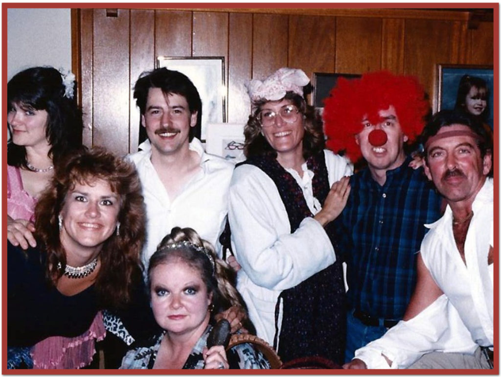 PLAYING A MYSTERY GAME - Top row: Joyce Salter, John Salter, Anne Kurrasch, Terry McDonnell, David Ackles; bottom row: me, Janice Ackles