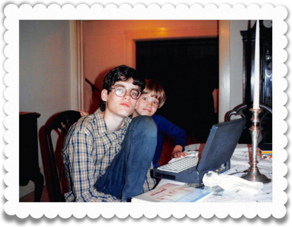 Chris and Alex catching up with school work at night.