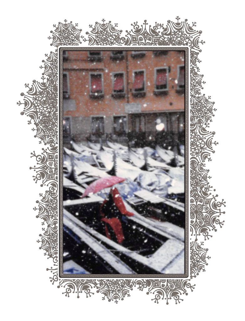 Lady in red with umbrella in otherwise empty snow-covered gondola.