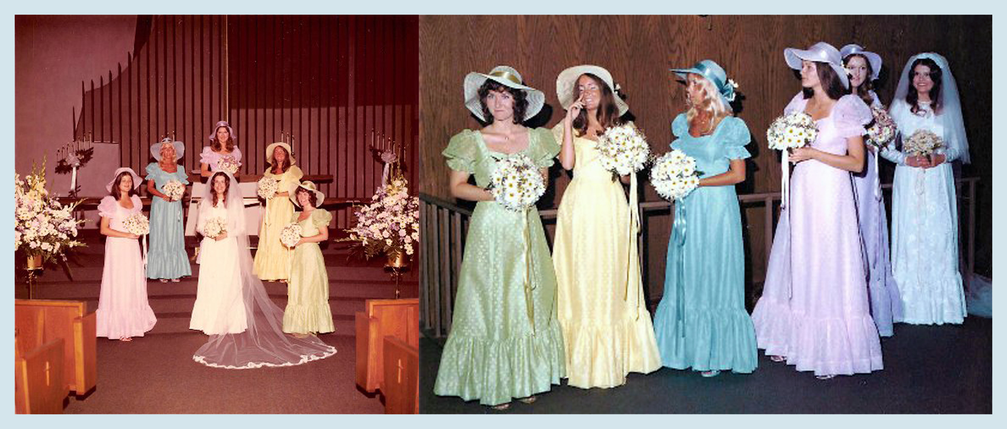 The dresses I forced my bridesmaids to wear (l to r - Joyce Knutsen Salter, Sandy Walker Hegwood, Janet Knusten McCann, Mary Bennett deNove, Denise Gail Williams) Picture on the left